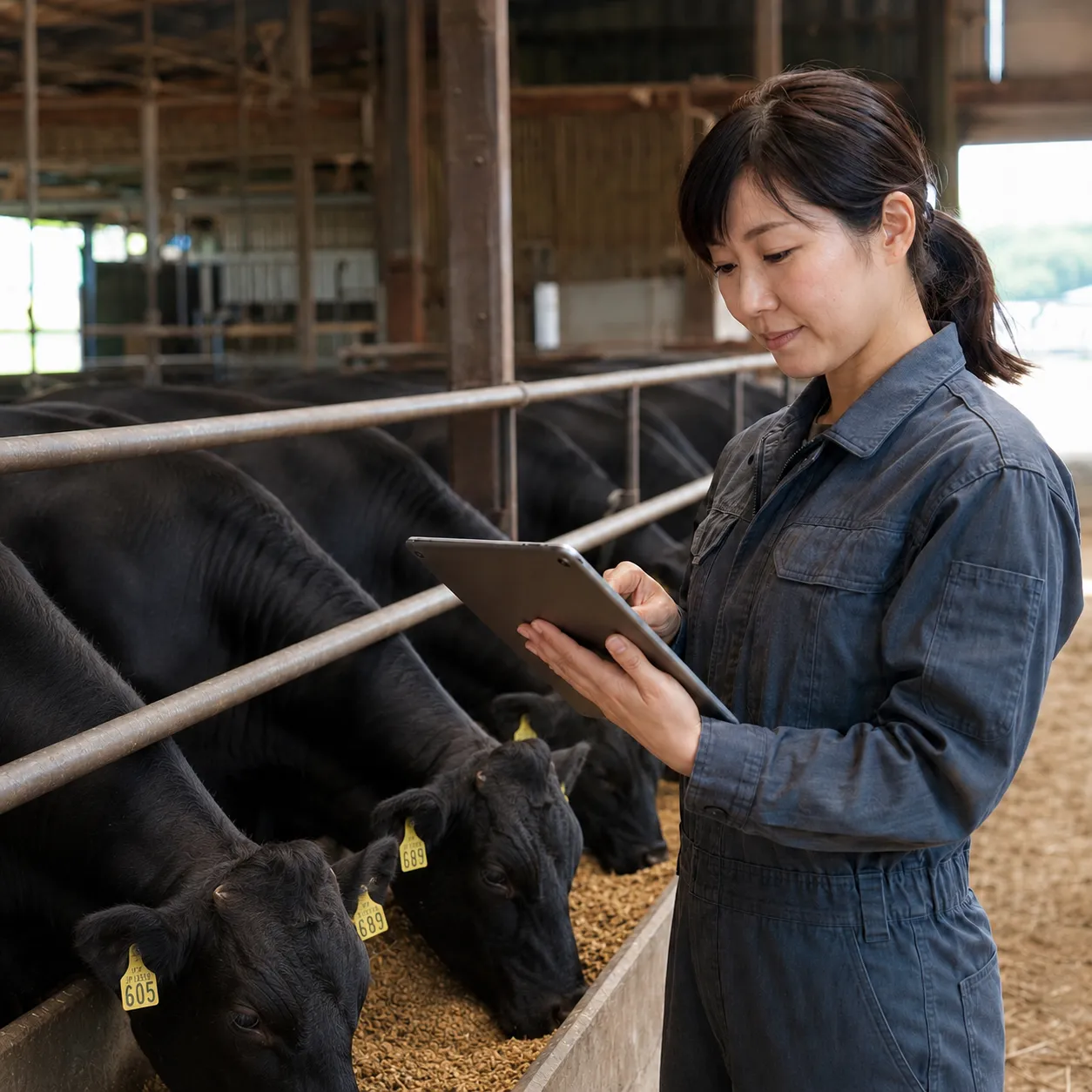 タブレットで飼養情報を確認する様子