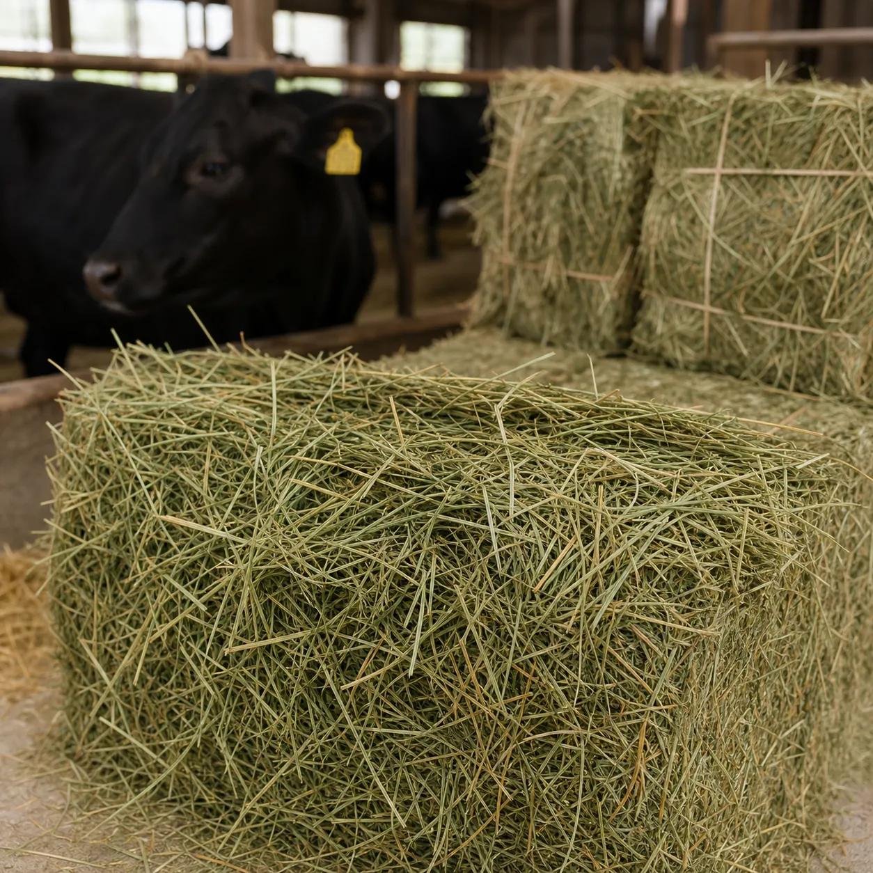 牛舎に積まれた粗飼料用の乾牧草ベール